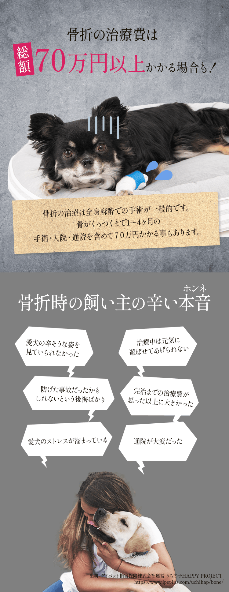 骨折の治療費は総額70万円以上かかる場合も！
        骨折の治療は全身麻酔での手術が一般的です。 骨がくっつくまで1〜4ヶ月の 手術・入院・通院を含めて７０万円かかる事もあります。
        
        骨折時の飼い主の辛い本音
        愛犬の辛そうな姿を見ていられなかった,治療中は元気に遊ばせてあげられない,防げた事故だったかもしれないという後悔ばかり,完治までの治療費が思った以上に大きかった,愛犬のストレスが溜まっている,通院が大変だった
        