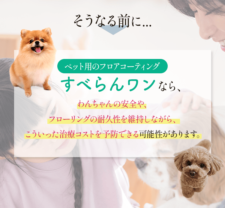 そうなる前にペット用のフロアコーティング
        すべらんワンなら、わんちゃんの安全や、 フローリングの耐久性を維持しながら、 こういった治療コストを予防できる可能性があります。
        