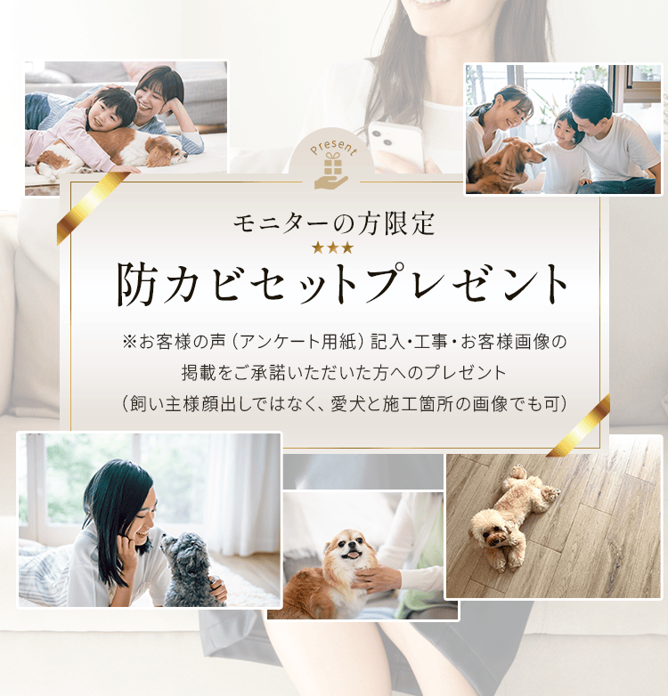 モニター限定キャンペーン
        モニターの方限定防カビセットプレゼント※お客様の声（アンケート用紙）記入・工事・お客様画像の
        掲載をご承諾いただいた方へのプレゼント（飼い主様顔出しではなく、愛犬と施工箇所の画像でも可）
        