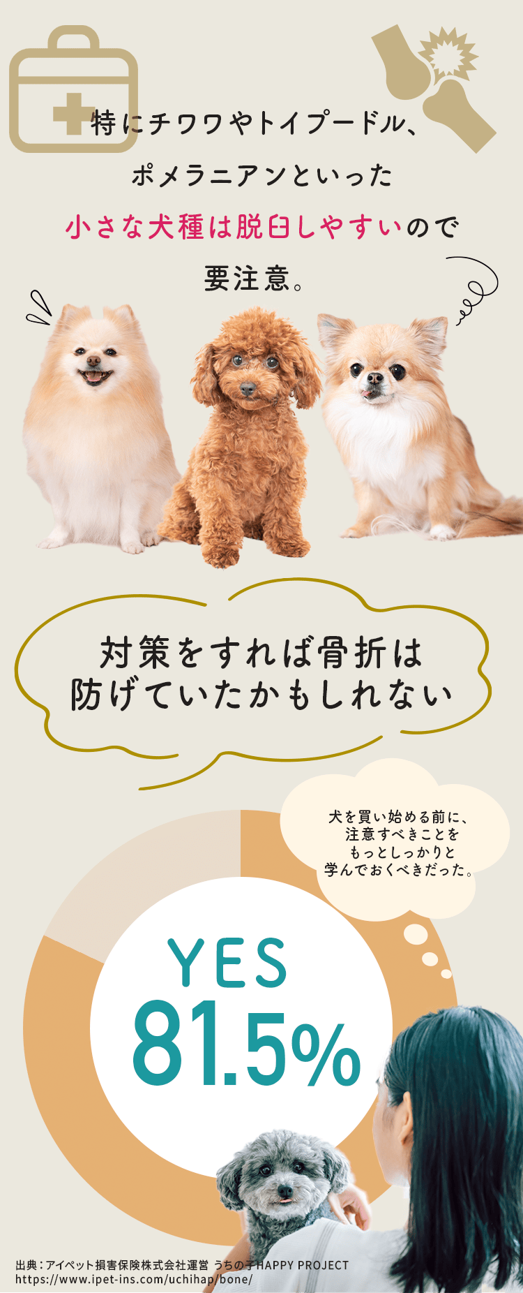 特にチワワやトイプードル、ポメラニアンといった小さな犬種は脱臼しやすいので要注意。
  
        対策をすれば骨折は防げていたかもしれない
        対策をすれば骨折は防げていたかもしれないと思った飼い主の意見のグラフ:YES81.5%
        出典：アイペット損害保険株式会社運営 うちの子HAPPY PROJECT 
        
        犬を買い始める前に、注意すべきことをもっとしっかりと学んでおくべきだった。