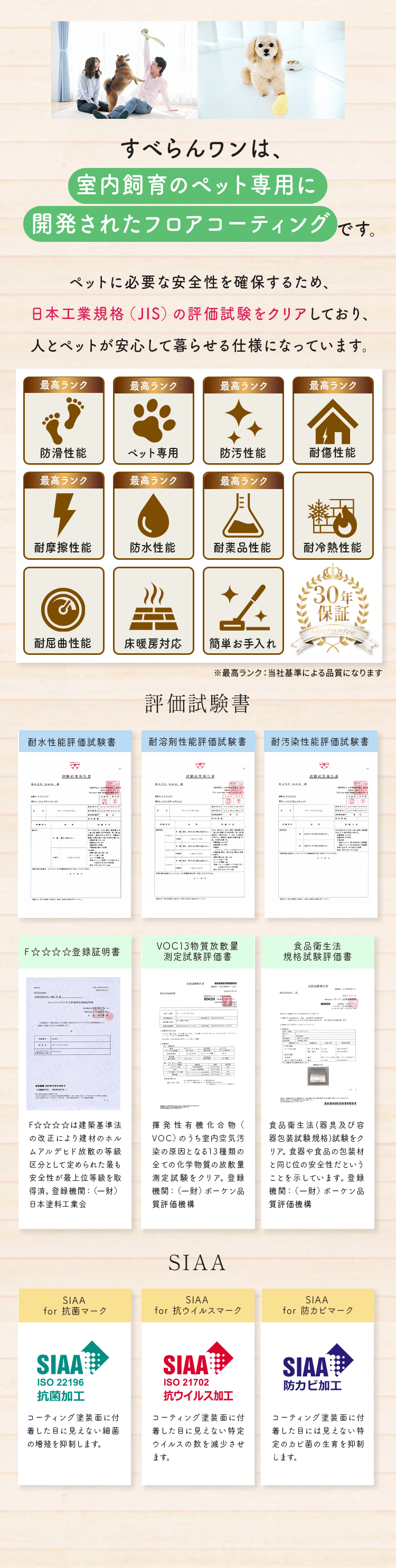 すべらんワンは、室内飼育のペット専用に開発されたフロアコーティングです。
  
        ペットに必要な安全性を確保するため、日本工業規格（JIS）の評価試験をクリアしており、人とペットが安心して暮らせる仕様になっています。
        
        各性能最高ランク:防滑性能,ペット専用,防汚性能,耐傷性能,耐摩耗性能,防水性能,耐薬品性能,耐冷熱性能,耐屈曲性能,床暖房対応,簡単お手入れ
        ※最高ランク：当社基準による品質になります。
        
        評価試験書[各評価試験書の画像]
        耐水性能評価試験書,耐汚染性能評価試験書,耐溶剤性能評価試験書
        Ｆ☆☆☆☆登録証明書(F☆☆☆☆は建築基準法の改正により建材のホルムアルデヒド放散の等級区分として定められた最も安全性が最上位等級を取得済。登録機関：（一財）日本塗料工業会)
        VOC13物質放散量測定試験評価書(揮発性有機化合物（VOC）のうち室内空気汚染の原因となる13種類の全ての化学物質の放散量測定試験をクリア。登録機関：（一財）ボーケン品質評価機構)
        食品衛生法規格試験評価書(食品衛生法(器具及び容器包装試験規格)試験をクリア。食器や食品の包装材と同じ位の安全性だということを示しています。登録機関：（一財）ボーケン品質評価機構)
        
        SIAAマーク
        SIAA  for 抗菌マーク(コーティング塗装面に付着した目に見えない細菌の増殖を抑制します。)
        SIAA  for 抗ウイルスマーク(コーティング塗装面に付着した目に見えない特定ウイルスの数を減少させます。)
        SIAA  for 防カビマーク(コーティング塗装面に付着した目には見えない特定のカビ菌の生育を抑制します。)
