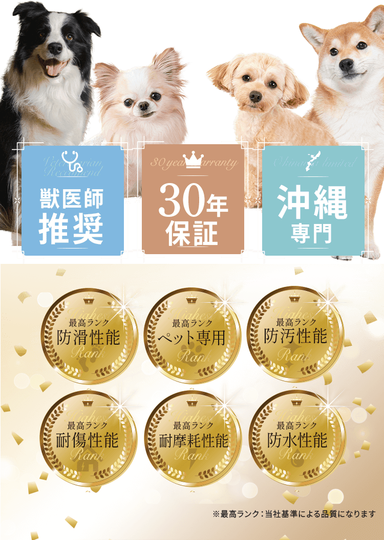 3のポイント:獣医師推奨,30年保証,沖縄専門
          各性能最高ランク
          防滑性能,ペット専用,防汚性能,耐傷性能,耐摩耗性能,防水性能
          ※※最高ランクは当社基準による品質になります。